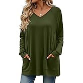 Velvelhall Women's Tunic Tops for Leggings Cotton Long Sleeve Shirts with Pockets Loose V Neck Raglan Sleeve Casual Tops