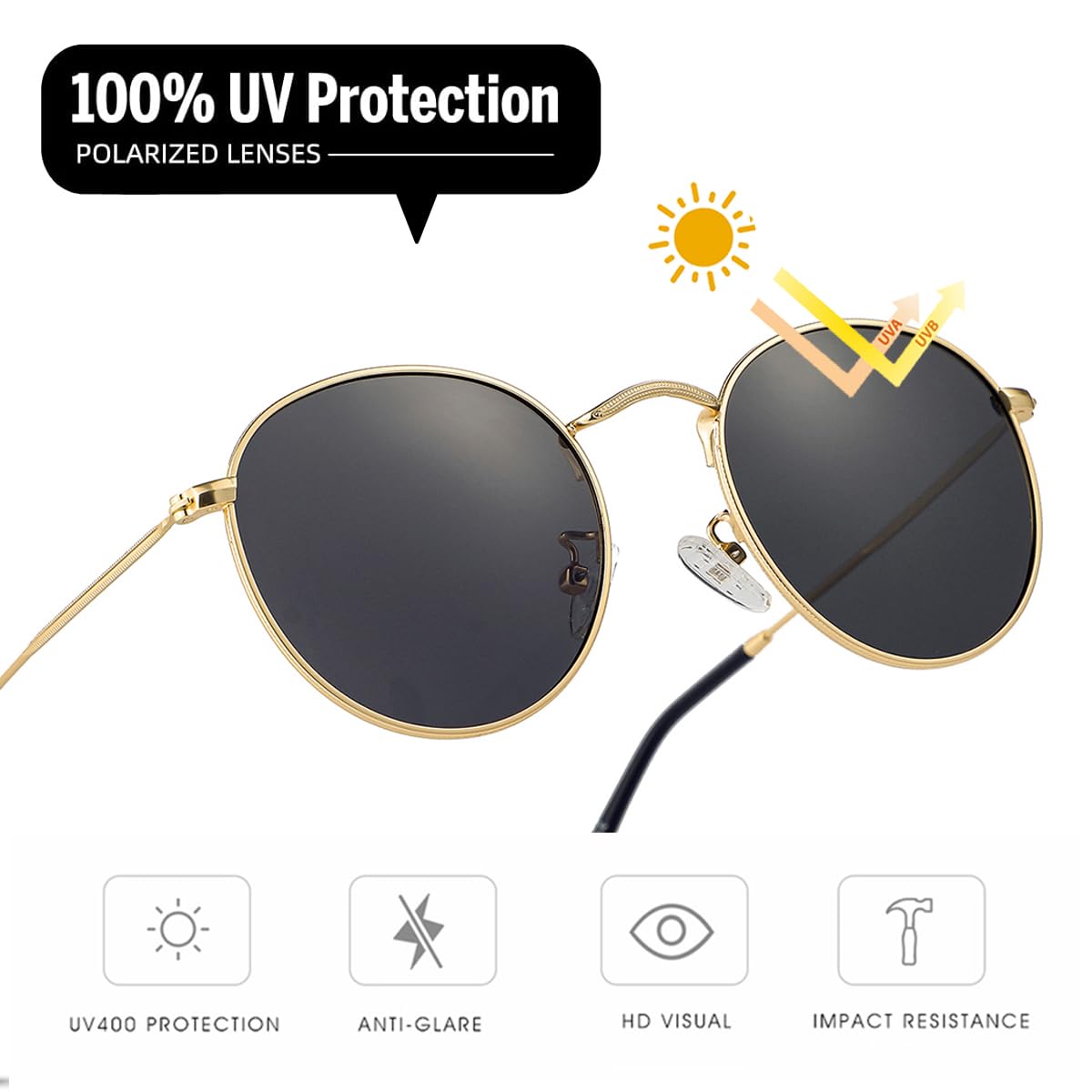 Gleyemor Classic Polarized Round Sunglasses for Women Men, Trendy Metal Frame Shades