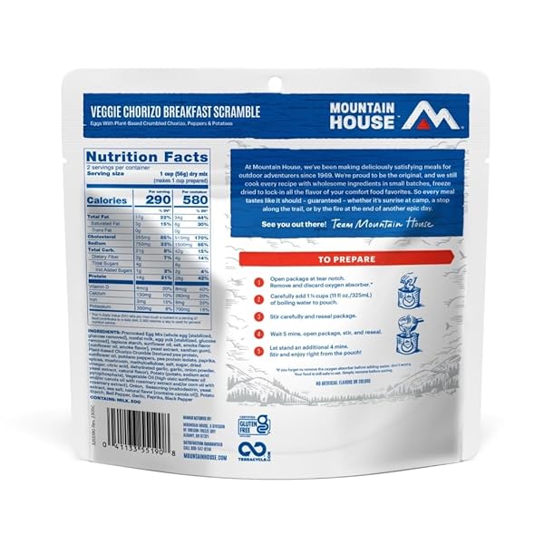 MOUNTAIN HOUSE VEGGIE CHORIZO BREAKFAST SCRAMBLE | FREEZE-DRIED BACKPACKING & CAMPING FOOD | GLUTEN-FREE & VEGETARIAN | 2 SERVINGS