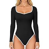 OQQ Women Bodysuit Contrast-Trim Square Neck Long Sleeve Stretch Bodysuit Tops