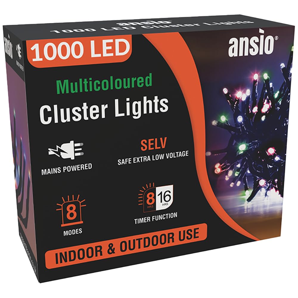 ANSIO® Christmas Lights 1000 LED 12m/39ft Cluster Christmas Tree Lights for Indoor & Outdoor Multicoloured Decorations Fairy Lights with Timer for Garden Bedroom & Party|Mains Powered Green Cable