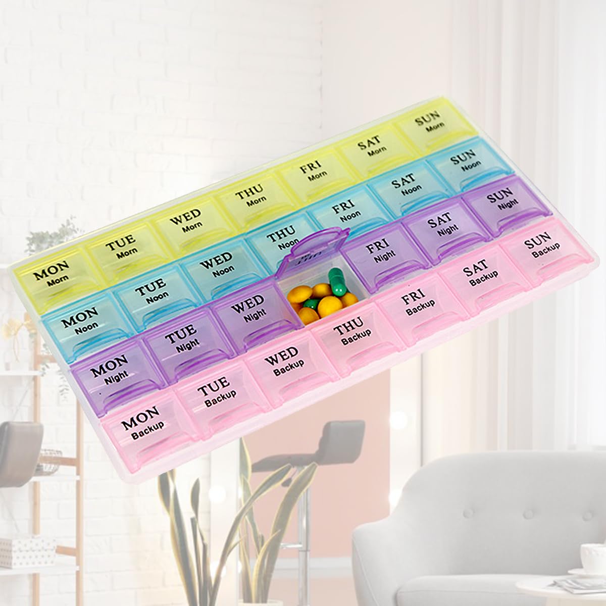 Photo 1 of 1 Piece Pill Medicine Organizer 28 Compartment Multicolor 7 Day Travel Medicine Case Morning Noon Night Backup A Day Daily Pill Box to Hold Vitamins, Medication