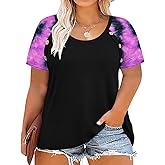 TIYOMI Plus Size Short Sleeve Tops Button Raglan Sleeve Black Tie Dye Color Block Tunic Blouses Loose Fit Outwear Summer Tees Fashion Round Neck Outfit