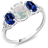 Gem Stone King 10K White Gold 3-Stone Diamond Engagement Ring 2.22Ct Cabochon White Simulated Opal Blue Created Sapphire