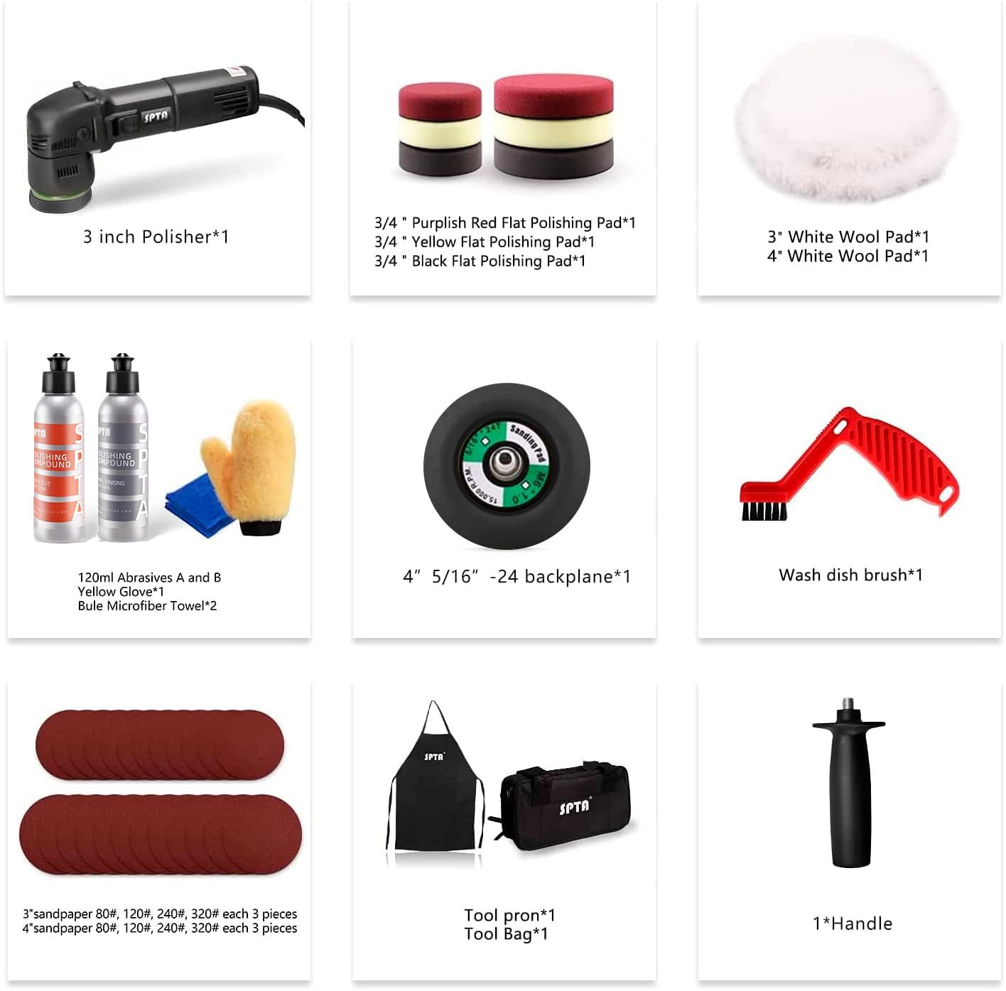 Mini pulidora orbital SPTA: 3 pulgadas, 10 mm/780 W, velocidad variable, doble acción con almohadillas de pulido, discos de lijado y cepillo acondicionador de almohadillas Mini pulidora orbital SPTA: 3 pulgadas, 10 mm/780 W, velocidad variable, doble acción con almohadillas de pulido, discos de lijado y cepillo acondicionador de almohadillas