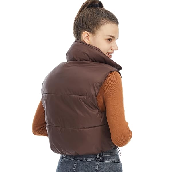 XIKUKA WOMEN’S CROPPED PUFFER VEST PADDED VEST WINTER WARM OUTERWEAR LIGHTWEIGHT ZIP CROP PUFFY GILET BROWN-M