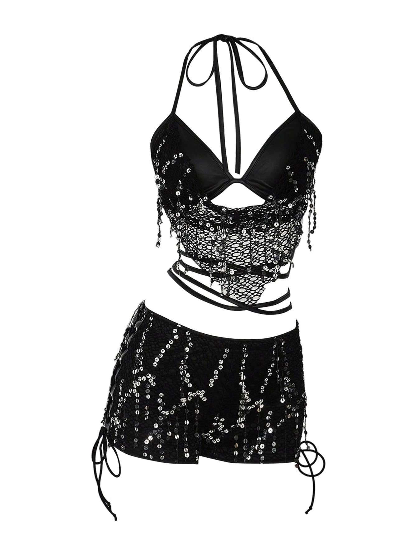 Photo 1 of SweatyRocks Women's 2 Piece Party Club Outfits Sequin Tie Backless Crop Halter Top and Low Waist Mini Shorts Set Black Small
