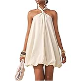 Floerns Women's Bubble Mini Halter Dress Knot Tie Backless A Line Party Vacation Dresses