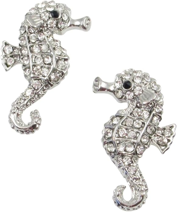 Small Adorable Sparkling Clear Crystal Seahorse Silver Tone