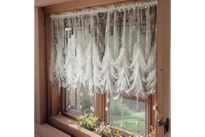 ABREEZE Elegant White Lace Embroidered Sheer Ballon Curtains, 78-Inch-by-90-Inch Adjustable Tie-Up Curtain, Flower Shade Curtains Best Living Room Decor
