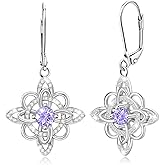 925 Sterling Silver Celtic Knot Dangle Earrings for Women Purple Cubic Zirconia Witches Knot Birthstone Leverback Earrings Wicca Irish Jewelry Nudo de Bruja Birthday Gifts for Wife Girlfriend Mom