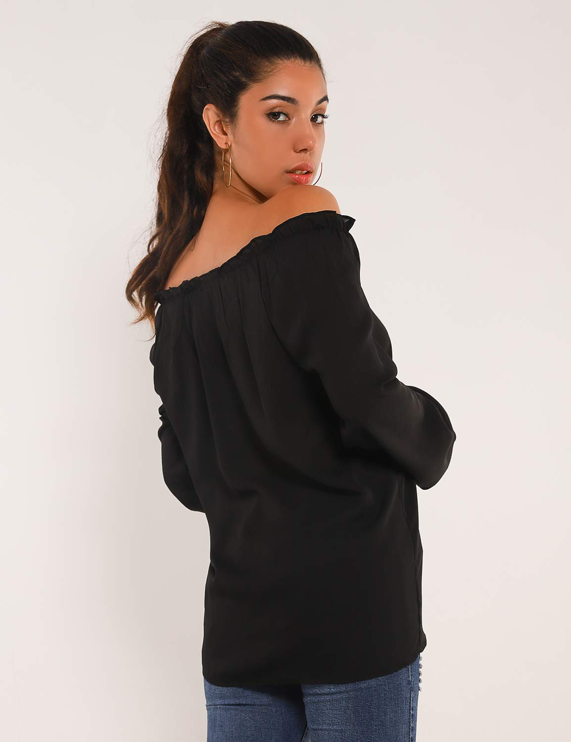 Blooming Jelly Womens Off The Shoulder Tops Chiffon Blouse Tie Neck Bell Sleeve Ruffle Elegant Flowy Shirt（S,Black