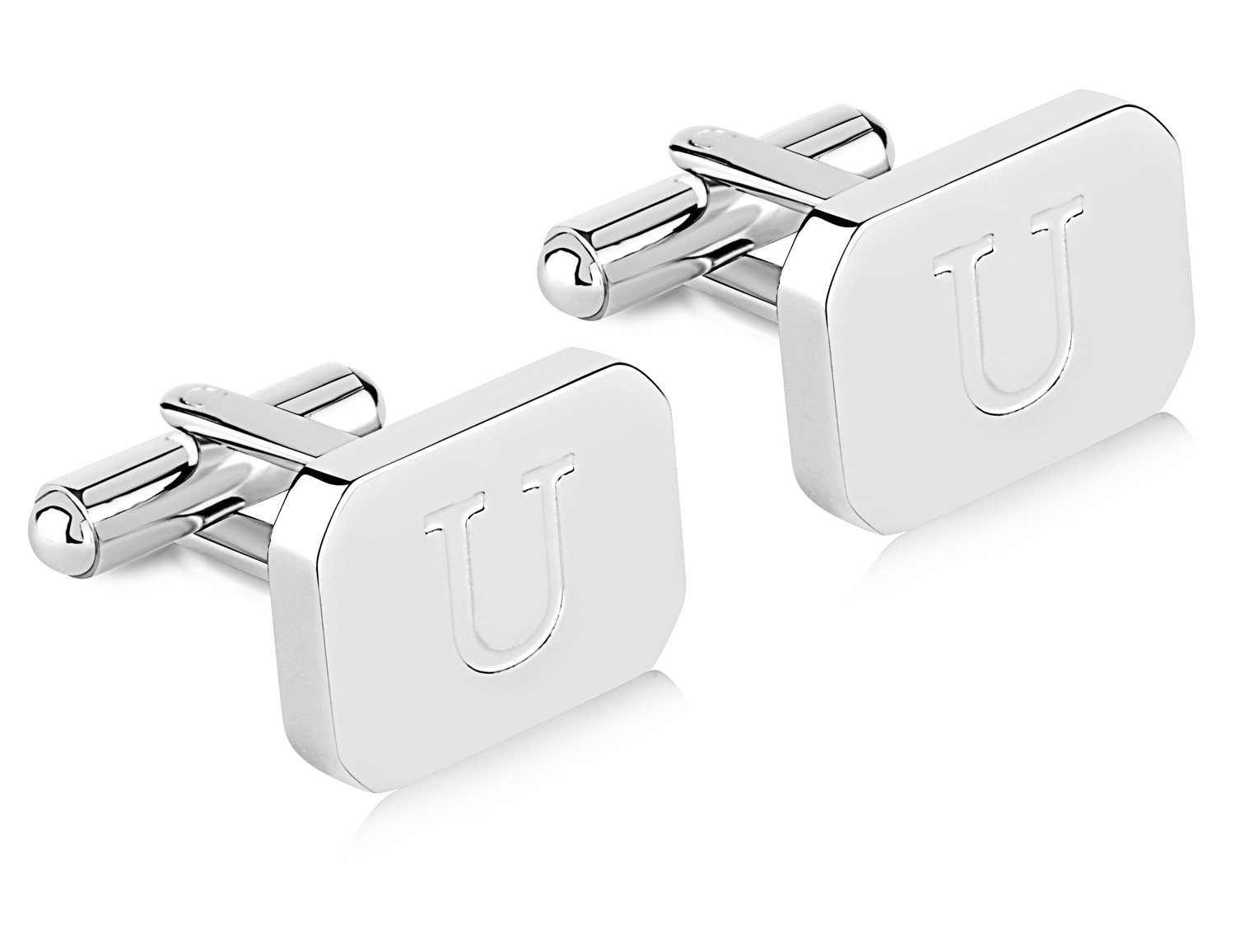18K White-Gold Plated Initial Engraved Stainless Steel Men’s Cufflinks With Gift Box -Personalized Alphabet Letter’s A-Z By Lux & Pair