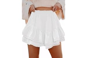 JTAISC Skorts for Women Flowy Ruffle Tiered Mini Skirt with Shorts Elastic High Waist Pleated Casual Boho Crochet Skirt