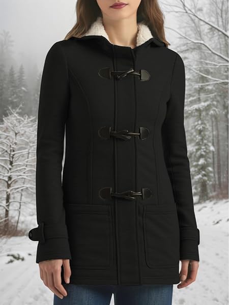 STOLKISS WOMEN’S WINTER JACKETS COTTON COAT WITH HOOD FASHION FLEECE WARM THICKEN LONG INSULATED SHELLS HORN BUTTON JACKET