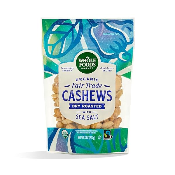 WHOLE FOODS MARKET, CASHEWS DRY ROASTED SEA SALT FAIR TRADE ORGANIC 8 OUNCE