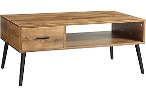 HAIOOU Coffee Table, Mid Century Modern Style Cocktail Table TV Stand with Drawer, Open Storage Shelf, Stable Floor-Anti-Scratching Pine Leg for Home, Office, Living Room