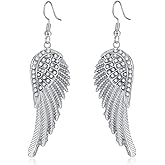 Sulimy Angel Wings Dangle Earrings for Women Unique Rhinestones Copper Fairy Feather Guardian Dangle Drop Hook Womens Dangling Earrings Silver Plated Jewelry