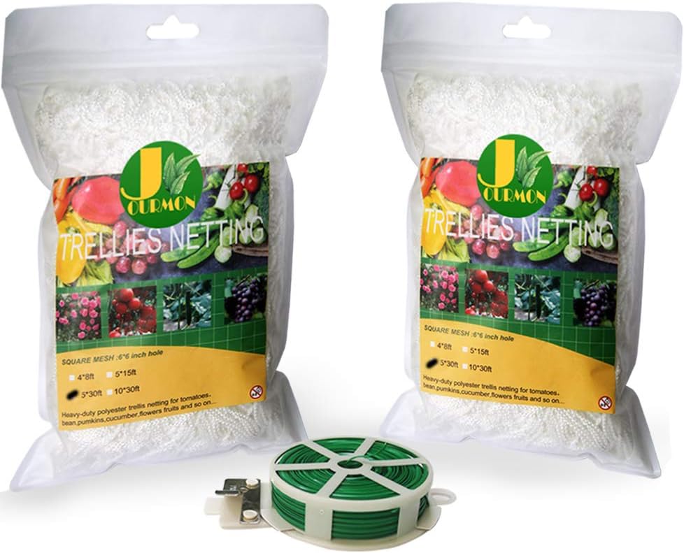 JOURMON Trellis Netting 5x30 2 Pack Heavy-Duty Polyester Plant Support Trellis Net for Climbing Plants Garden Trellis Netting Outdoor 6'' Mesh with Garden Ties