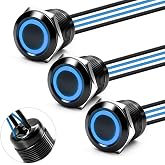 FILN 3PCS 19mm 20A Latching LED Push Button Switch IP67 12V-24V DC Blue | Waterproof zinc-alloy shell, mounts in a panel for power and lighting in cars, trucks, RVs and marine use