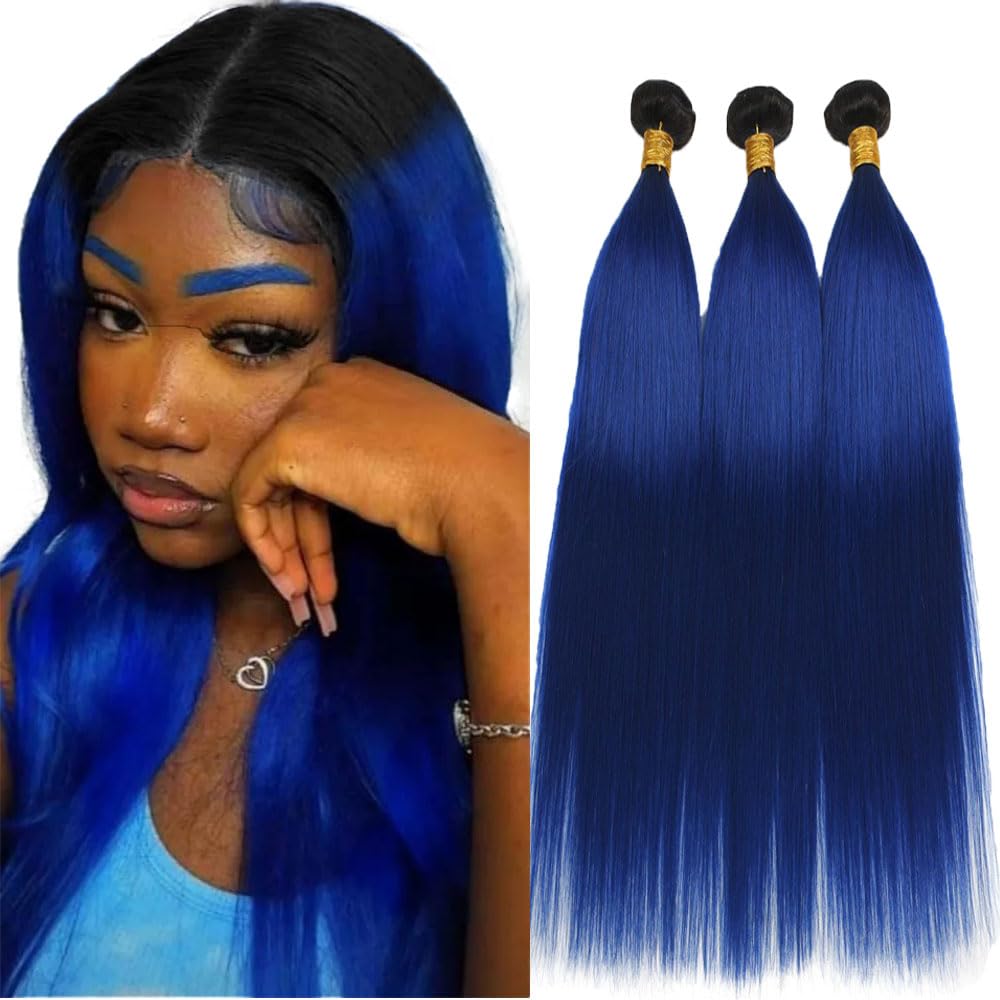 Photo 1 of 1BBlue Bundle Ombre Straight Human Hair Bundles Brazilian Unprocessed Virgin Ombre Blue Straight Bundles Human Hair 18 20 22 Inch