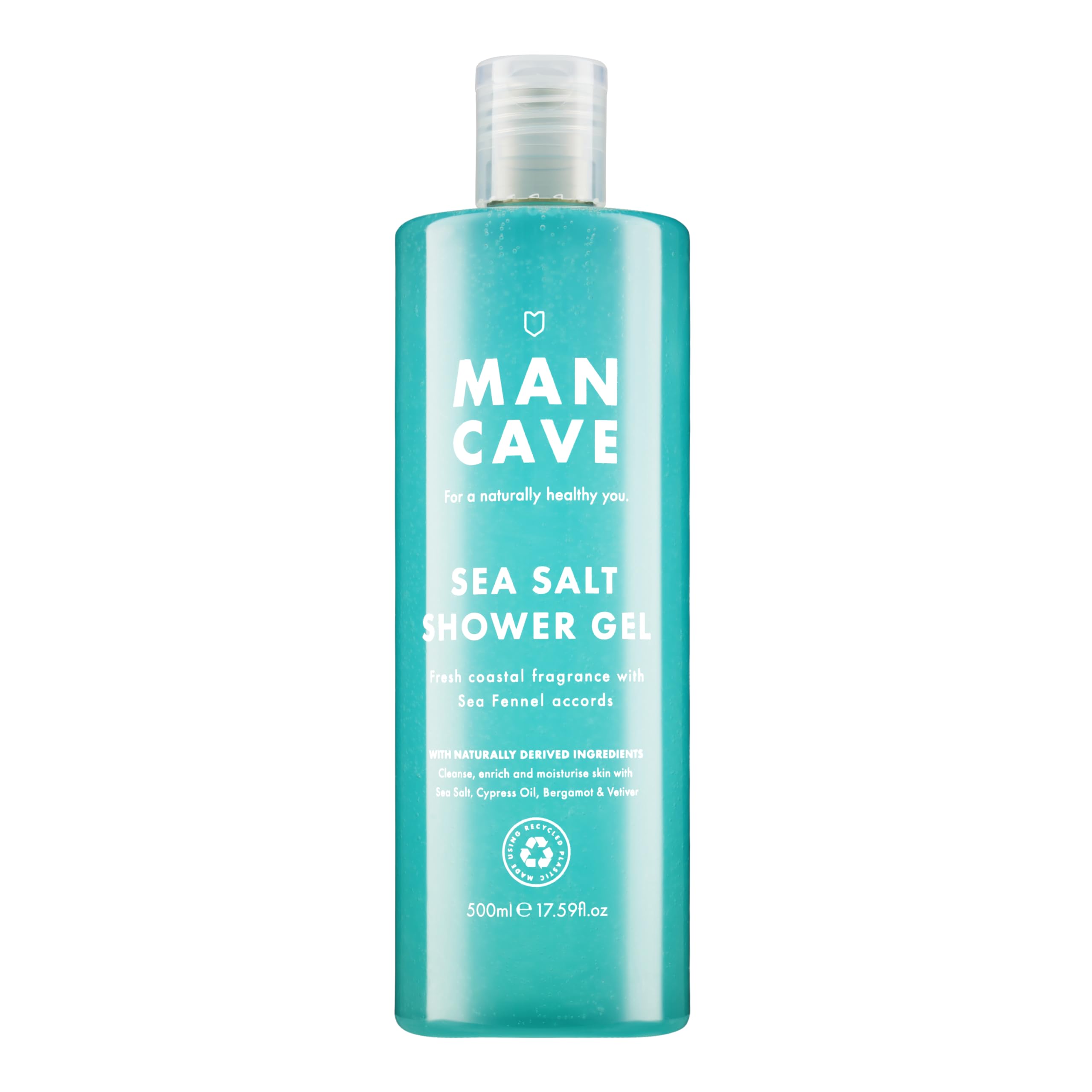 ManCave Sea Salt Mens Shower Gel, 500 ml, Body Wash, Natural Ingredients, Vegan, Eco-Conscious and Cruelty-Free, Coastal Shower Gel for Men with Sea Fennel, Cypress, Bergamot, Body Wash for Men