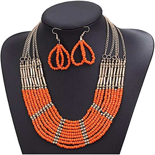 Shineland Multi-layered Woven Small Bohemian Plastic Gold Plated Bead Necklace Earrings Set For Women