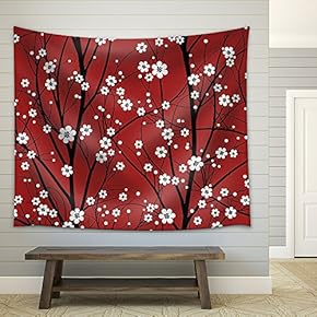 Vector - Cherry Tree Seamless Pattern - Fabric Wall Tapestry Home Decor - 51x60 inches