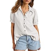 Cicy Bell Womens Puff Short Sleeve Button Down Shirts Summer Casual Collared V Neck Blouse Linen Loose Fit Work Tops