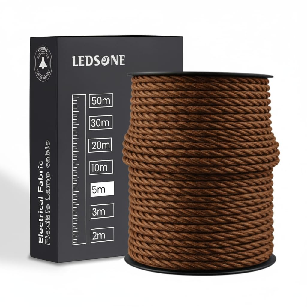 LEDSone 5 Meters Brown Coloured Vintage Braided Cable 2 Core Antique Twisted Woven Silk Lighting Cable Flexible Fabric Wire DIY Electrical Cord 0.75mm