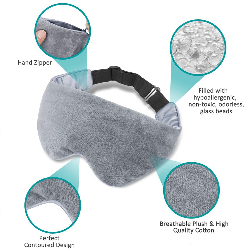 Weighted Eye Mask Pillow Adjustable Strap Blackout Eyeshade Luxury Plush Fabric Soft Breathable Cotton and Premium Glass Beads for Travel Nap