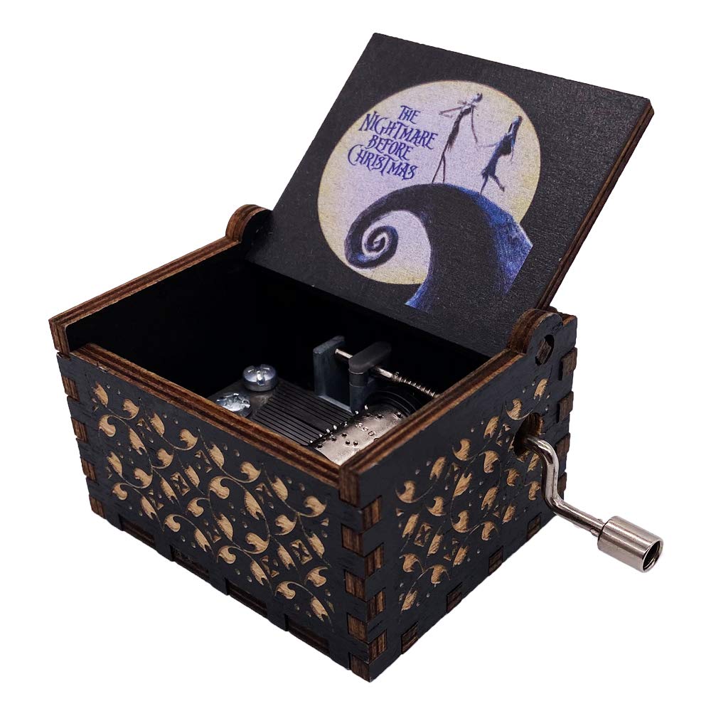 Youtang Halloween Christmas Music Box Hand Crank Musical Box Carved Wood Musical Gifts for Christmas,Birthday,Valentine's Day,Mother's Day,Play This is Halloween(White-Black)