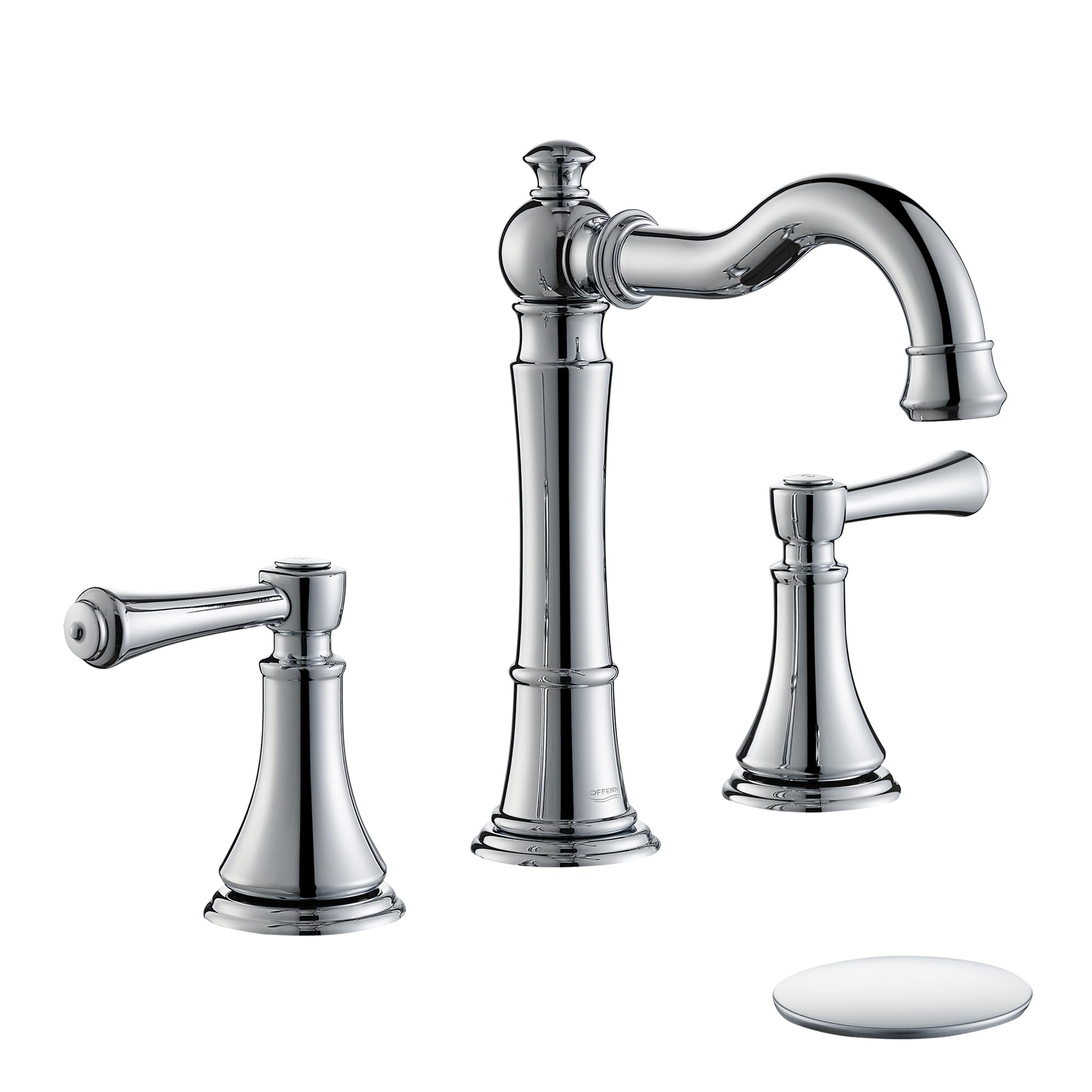 Photo 1 of Roffenny 2-Handle Chrome Bathroom Faucet 8 inch Widespread for 3 Holes with Plastic Pop-Up Drain, Classic Bathroom/Lavatory/Vanity Sink Faucets, High Arc 360° Swivel Brass Spout