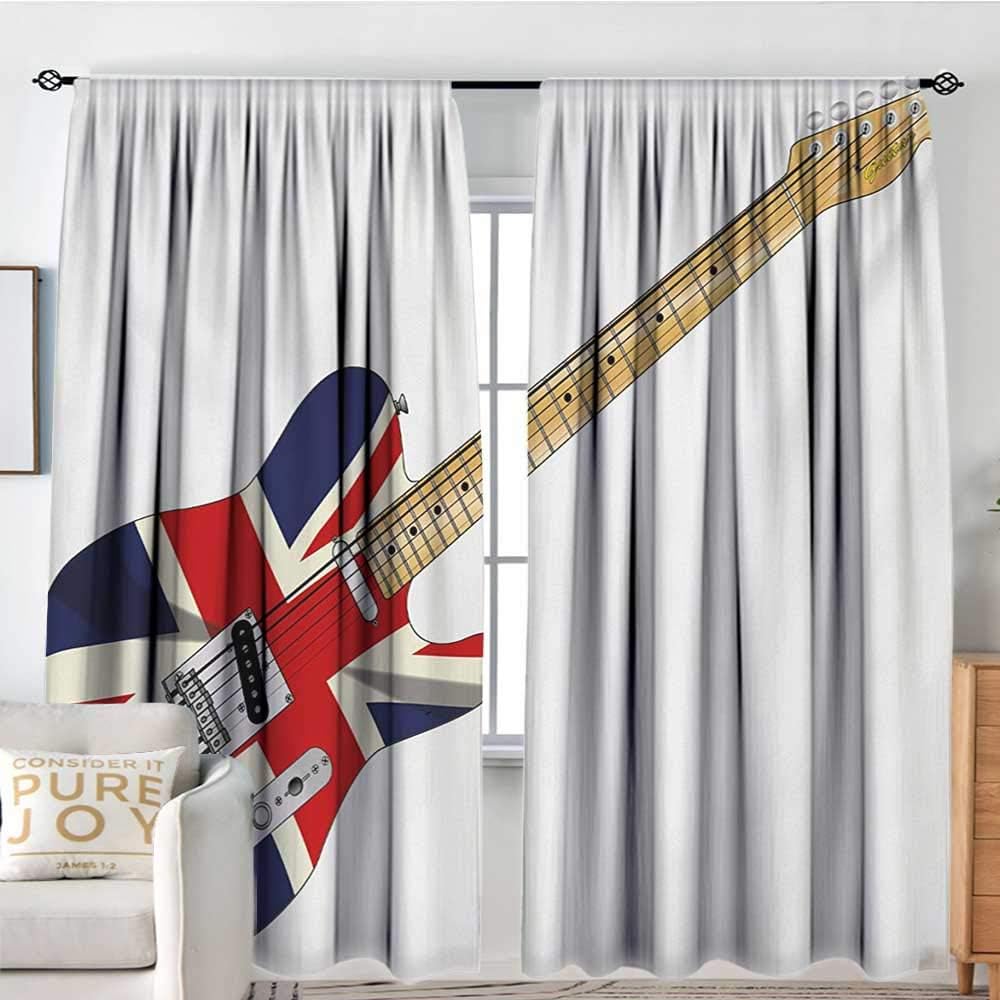NUOMANAN Curtains for Bedroom Union Jack,Classical Electric Guitar UK Flag Great Britain Music Instrument,Pale Brown Silver Black,Darkening and Thermal Insulating Draperies 72"x96"