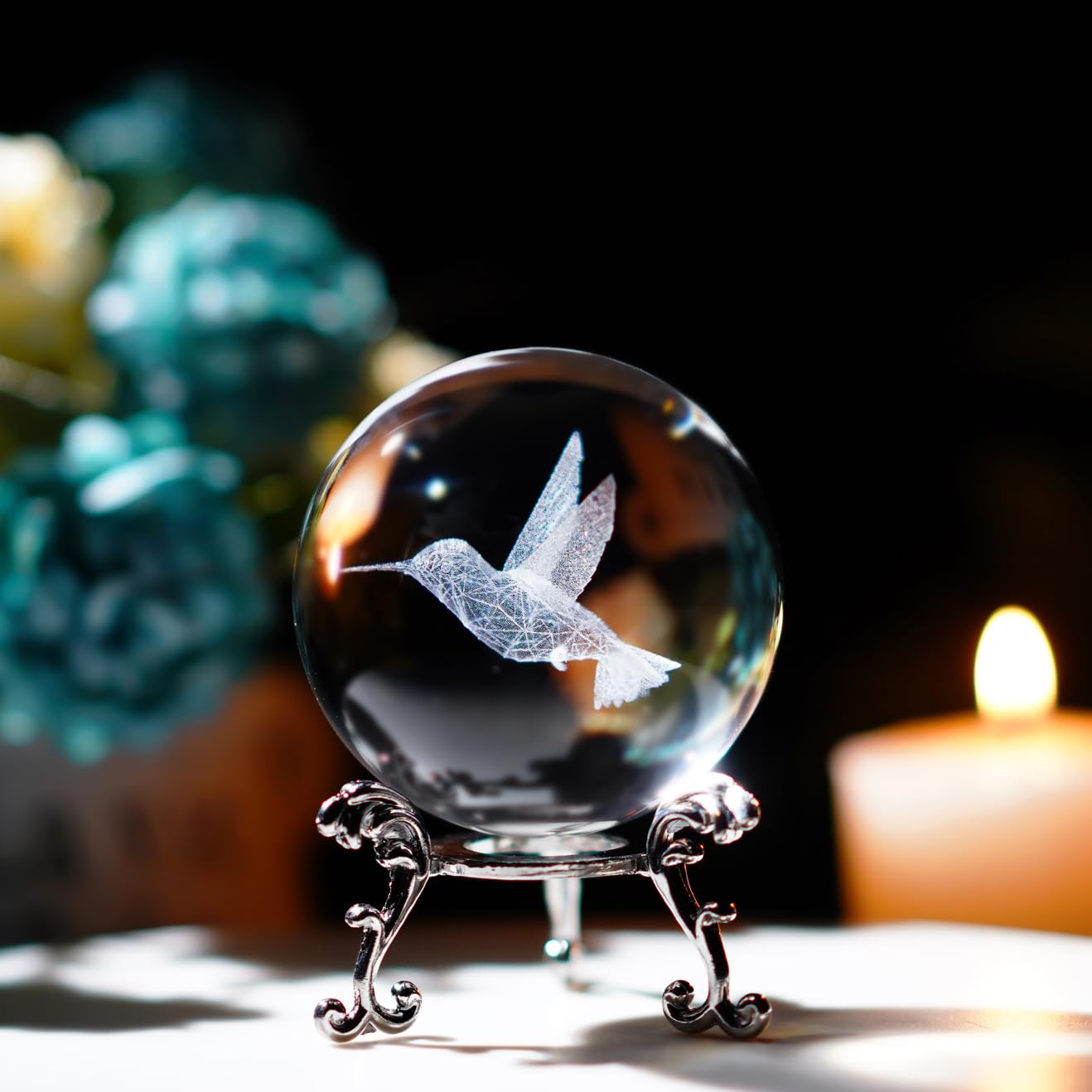 ZEERSHEE 3D Glass Laser Hummingbird Figurine 60mm Crystal Ball with Stand - Hummingbird Gifts for Women, Home Decoration