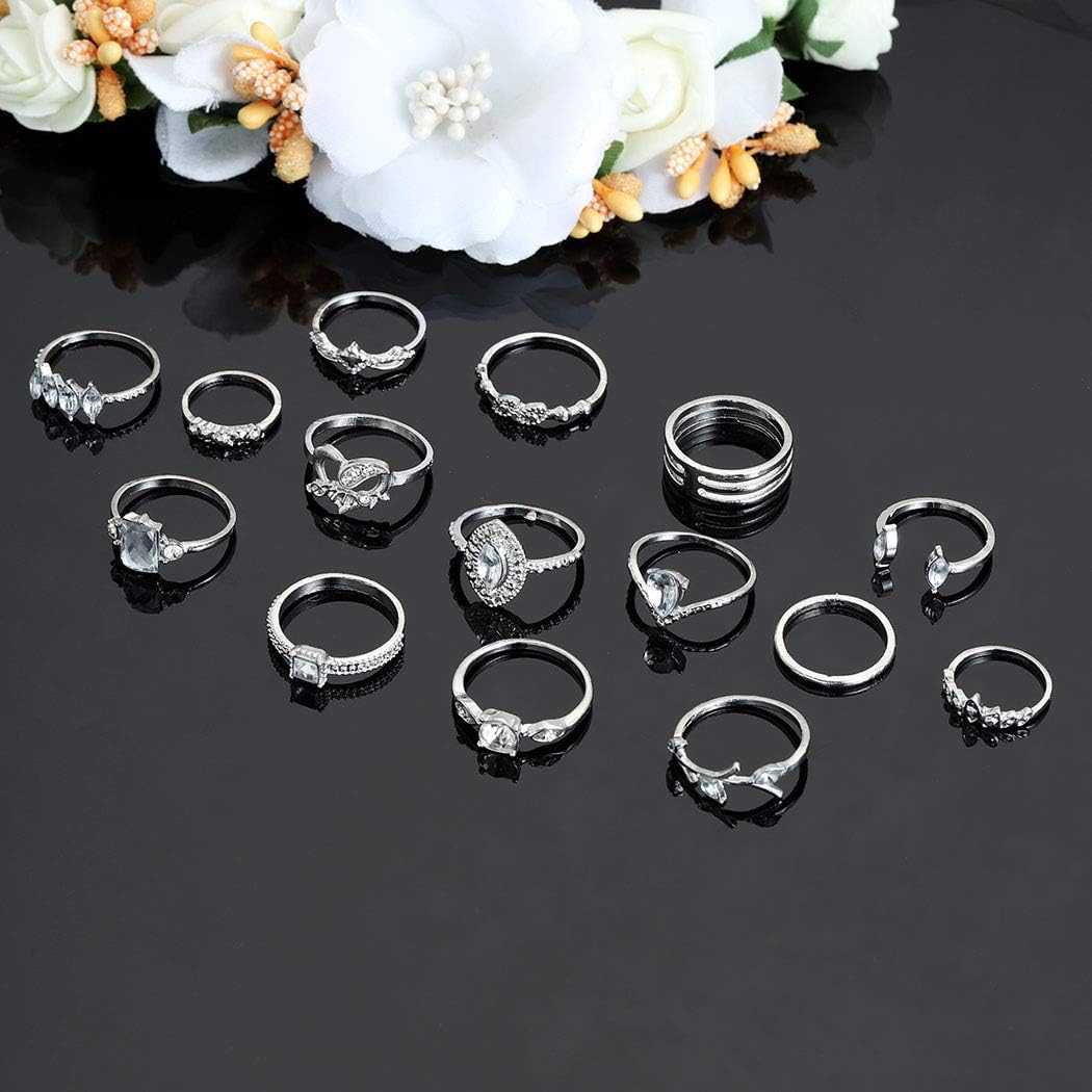 Graeen Knuckle Rings Heart Stackable Ring Leaf Finger Ring Set Silver Stacking Rings for Women and Girls(Pack of 15)(Style 3): Clothing