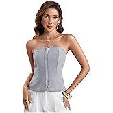 SOLY HUX Women's Summer Zip Up Tube Top Strapless Fitted Work Office Tops