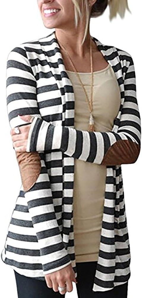 Myobe Women's Elbow Patch Shawl Collar Thick Striped Open Front Cardigan Sweaters Coat Outwear