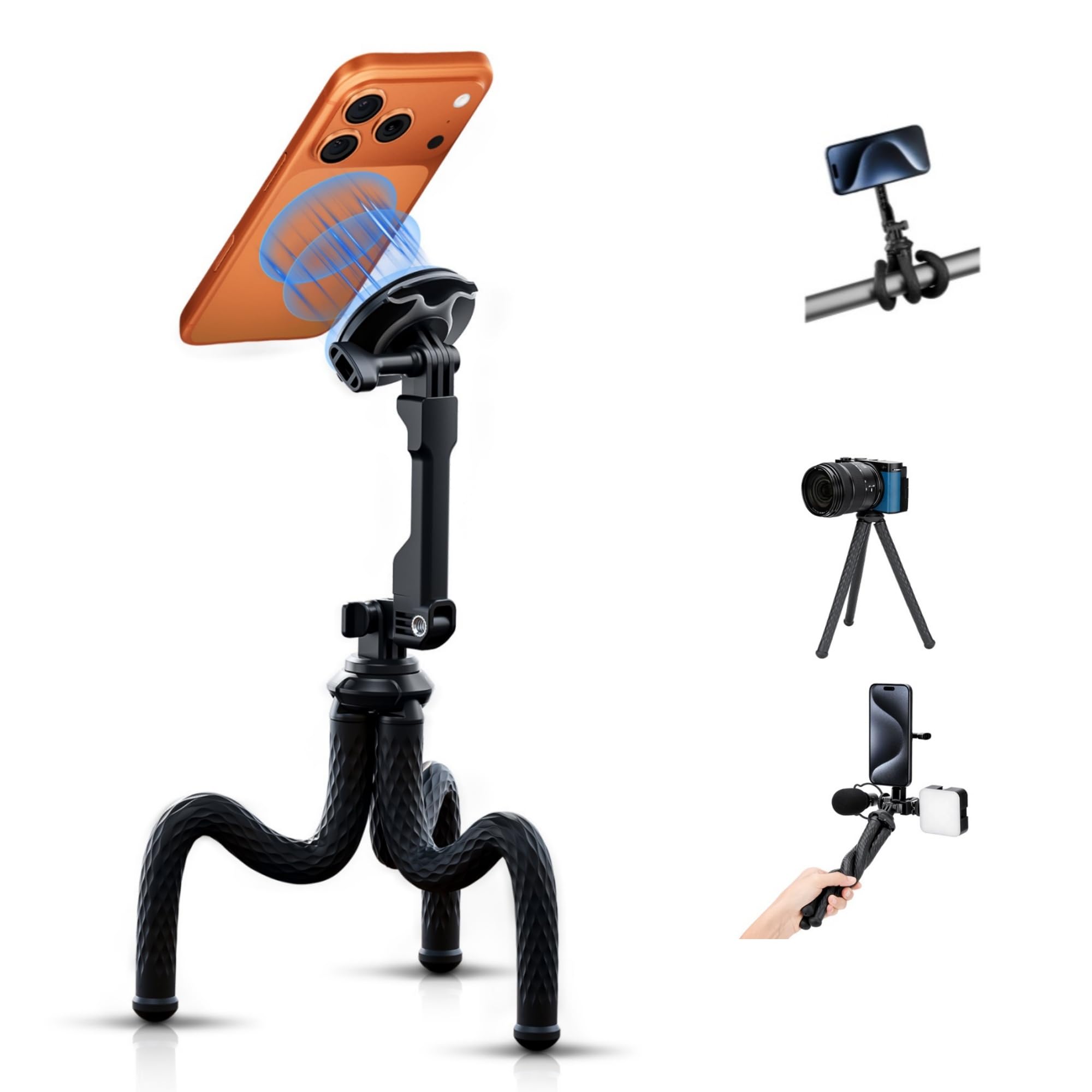 Extended Magnetic Flexible Tripod for Phone, Height & Angle Adjustable Bendable Octopus Tripod Cellphone Stand for Magsafe & Android & Compact Camera & GoPro Travel Selfie/Vlogging/Video Recording