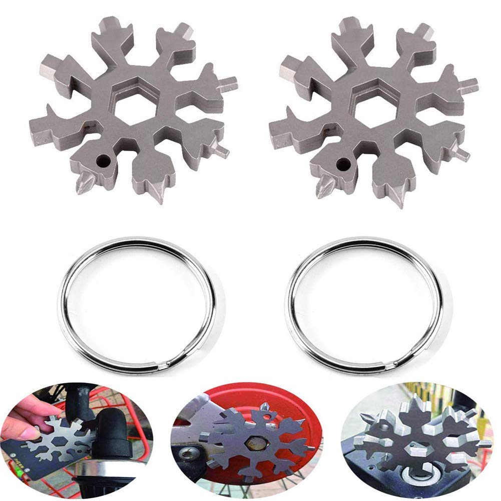 18 In 1 Incredible Multi-Tool , Stainless Steel Snowflakes Wrench Tool, Portable Keychain screwdriver -Bottle Opener, 2 Pack( Silver)