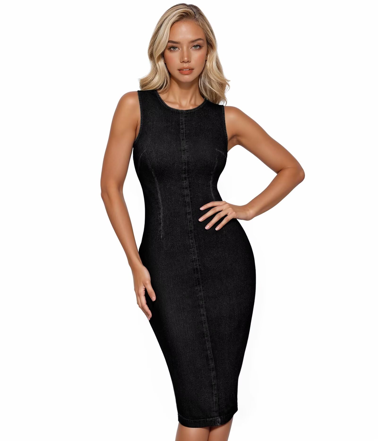 Photo 1 of & Company Womens Super Stretch Slim Fit Crew Neck Sleeveless Denim Dress DR5010 Black M