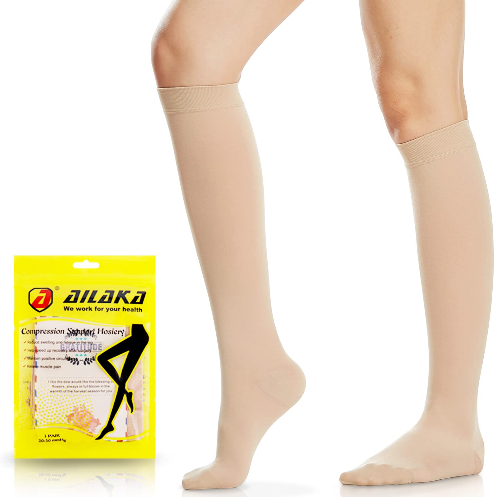 Ailaka 20-30 mmHg Compression Socks for Women & Men 1 Pair, Graduated Support Closed Toe Knee High Varices Stockings, Travel, Casual-Formal Hosiery