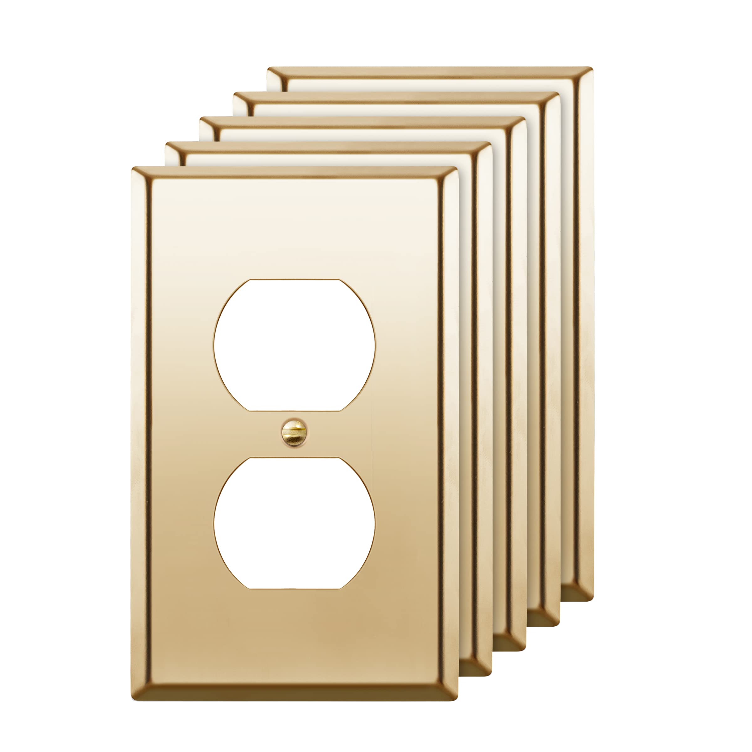 ENERLITES Duplex Receptacle Outlet Metal Wall Plate, Stainless Steel Outlet Cover, Corrosion Resistant, Size 1-Gang 4.50" x 2.76", UL Listed, 7721-PB-5PCS, Polished Brass, Gold, 5 Pack