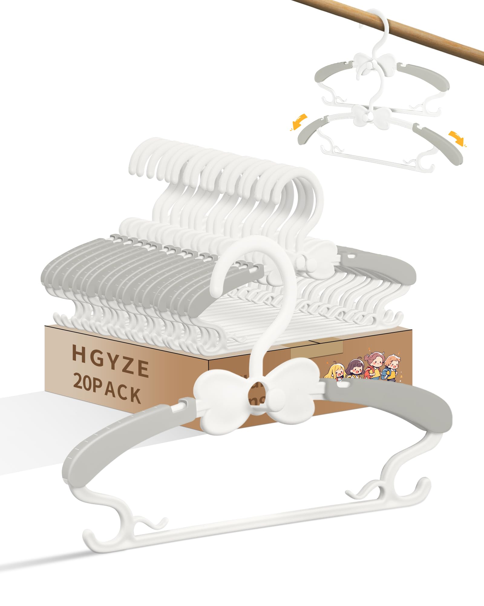 HGYZE Baby Hangers for Kids Clothes Closet, Adjustable Infant Baby Coat Hangers 0-12 Months, 20pcs Extendable Toddler Hanger for Children Girl and Boy, Non-Slip Grey Nursery Hanger with White Bow
