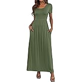 Women's Short Sleeve Loose Plain Long Maxi Casual Dresses with Pockets L Army Green