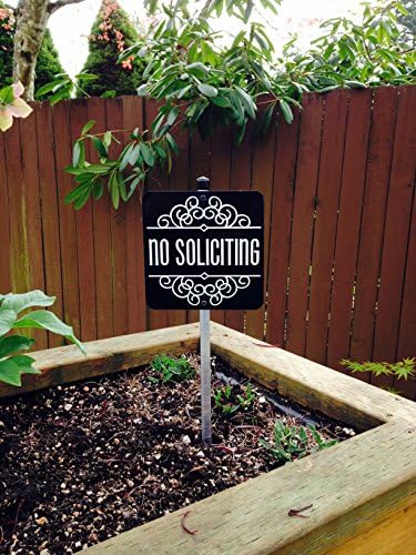 Attractive and Sturdy Aluminum No Soliciting Sign 6 Inch X 6 Inch Attached to a Sturdy Aluminum 18 Inch Yard Stake. Perfect for a Flower Pot or Planter Box.