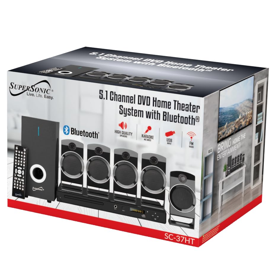 Supersonic SC-37HT 5.1 Surround Sound System, Home Theater with DVD/CD Playback, Karaoke, FM Radio, USB Input, 25W Speakers, Multi-Language Support, Remote Control Included