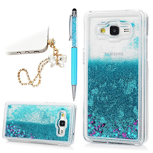 YOKIRIN Galaxy Grand Prime G5308 G530H Case Transparent Clear Hard PC Plastic Shell Bling Sparkle Glitter Quicksand and Cute Star Flowing Liquid Cover Skin with Bowknot Dust Plug Pen - Light Blue