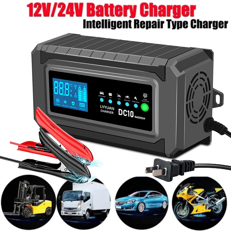 Intelligent Battery Charger 10A 12V/24V for Car and Motorcycle – Automatic LCD Charger, Winter/Summer Mode, Multiple Protection and Repair Function, for AGM, EFB, Gel Lead-Acid Batteries