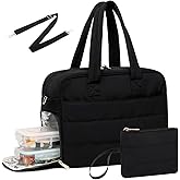 Lunch Tote Bag for Women Work, 17.3 Inch Laptop Purse with Insulated Lunch Compartment Coin Wallet for Meal, Large Puffy Quilted Travel Duffle Bag Black